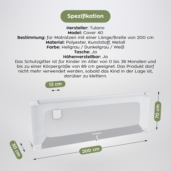 TULANO Cover 40, Bettgitter Kinderbett, Sicherheitsgitter Absenkfunktion, 18-Fach höhenverstellbar,