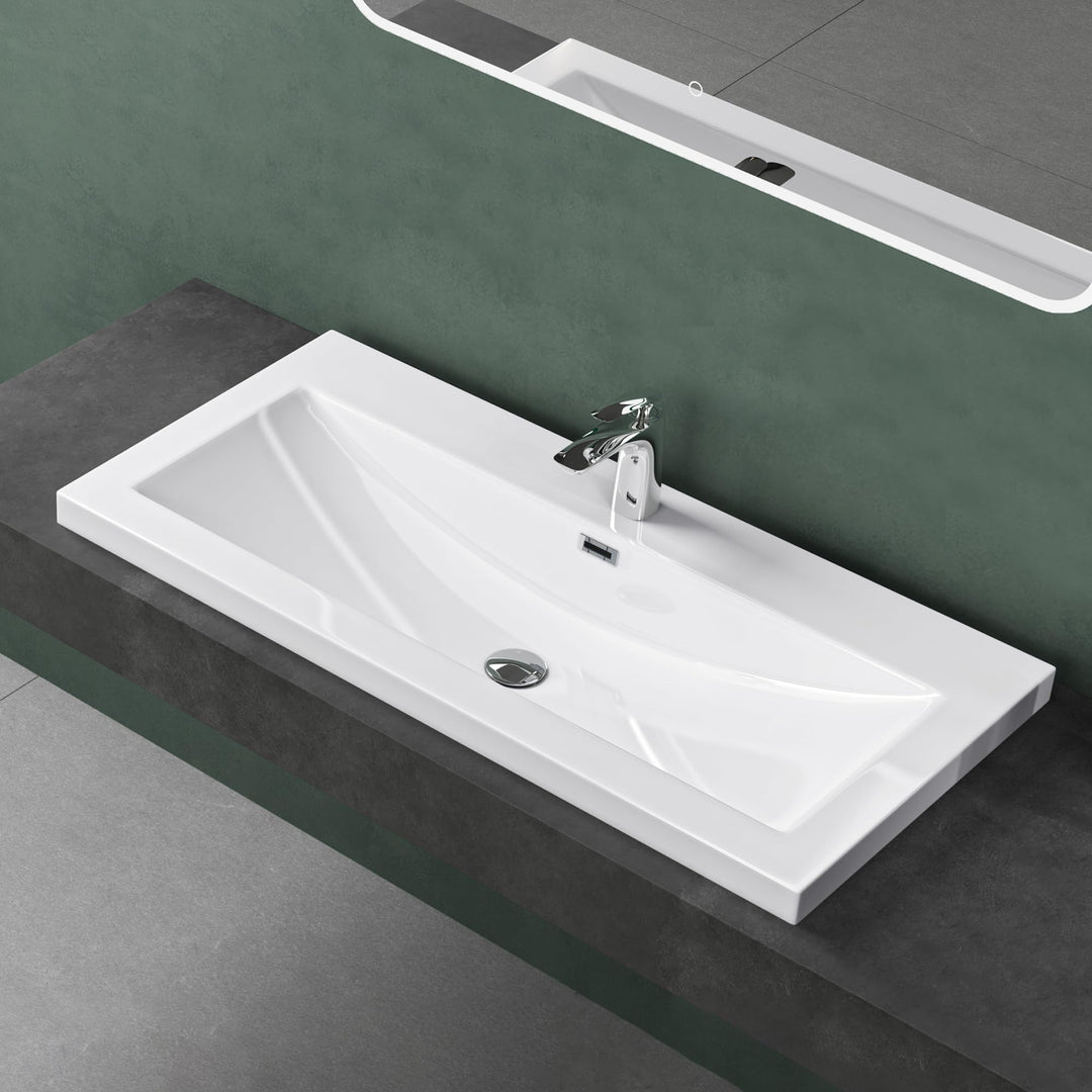 Mai &amp; Mai Einbau-Waschbecken Col01 Waschschale Waschtisch Mineralguss Weiss Rechteckig 1 Armaturenlo