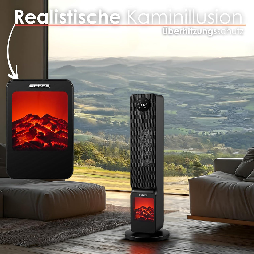 Heizlüfter mit Kaminillusion energiesparend Oszillierend Überhitzungsschutz 2000 Watt 2 Stufen Über