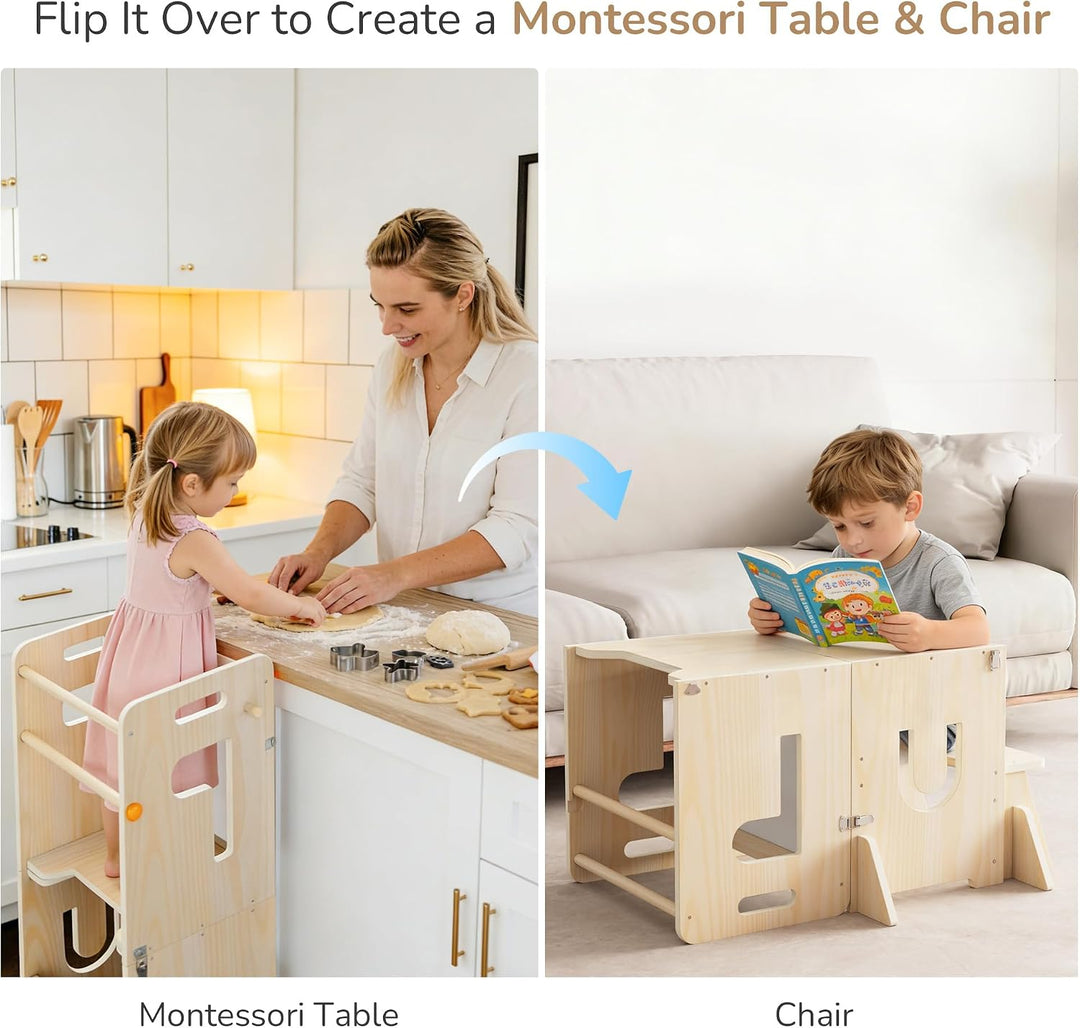 Lernturm für Kinder, klappbarer 3-in-1 Küchenhelfer Tritthocker aus Holz mit Kreidetafel, mit Sicher