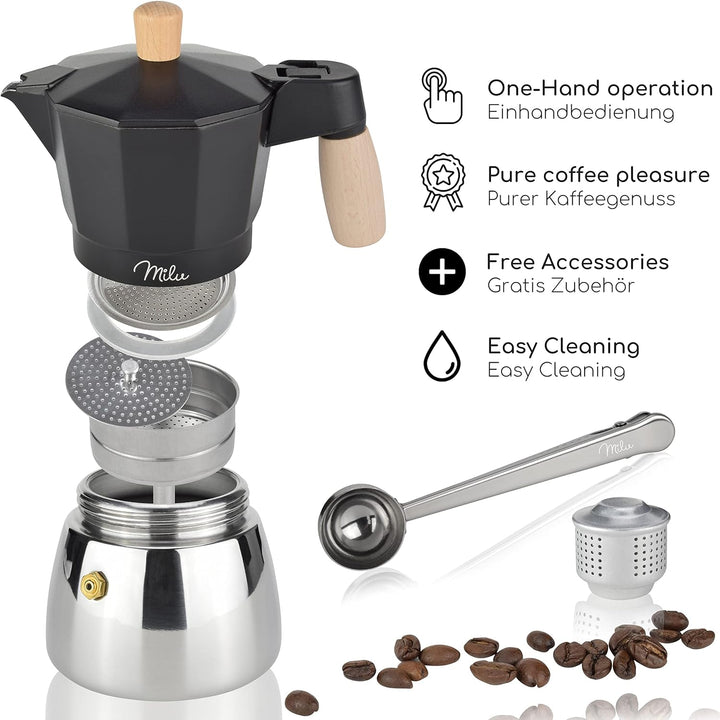 Milu Espressokocher Induktion geeignet | 3, 6, 9 Tassen | Aluminium / Edelstahl Mokkakanne, Espresso