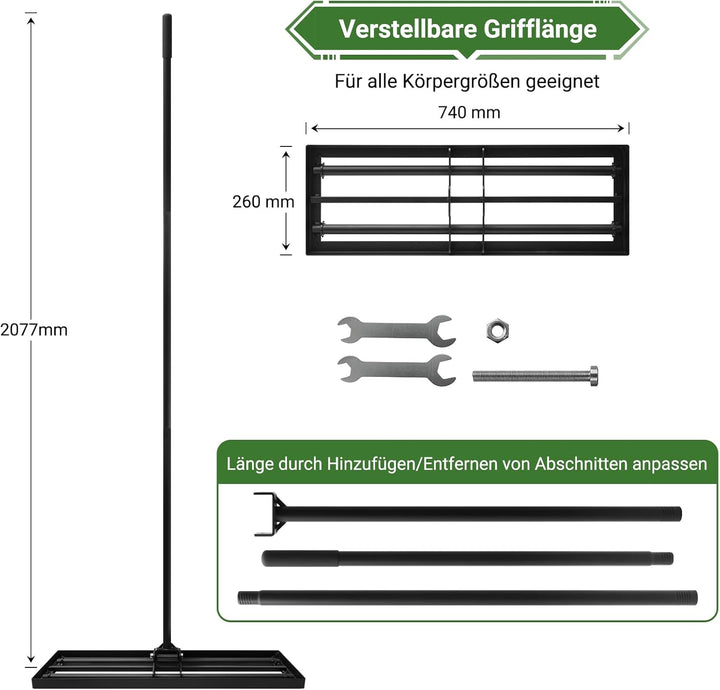 Rasen nivellierrechen 76 x 25cm | 210 cm mit Einstellbarer Langer Griff | Egalisierer Rasen Edelstah