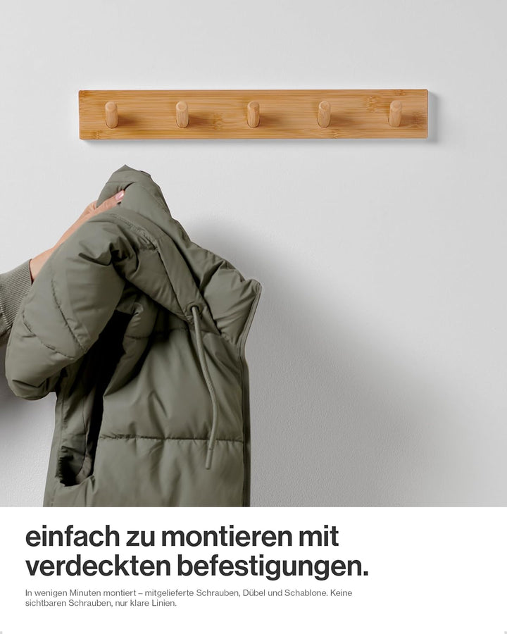 LARHN Garderobenhaken Holz - Garderobenleiste Holz mit 5 Haken - 43 cm - Kleiderhaken Wand - Wandgar