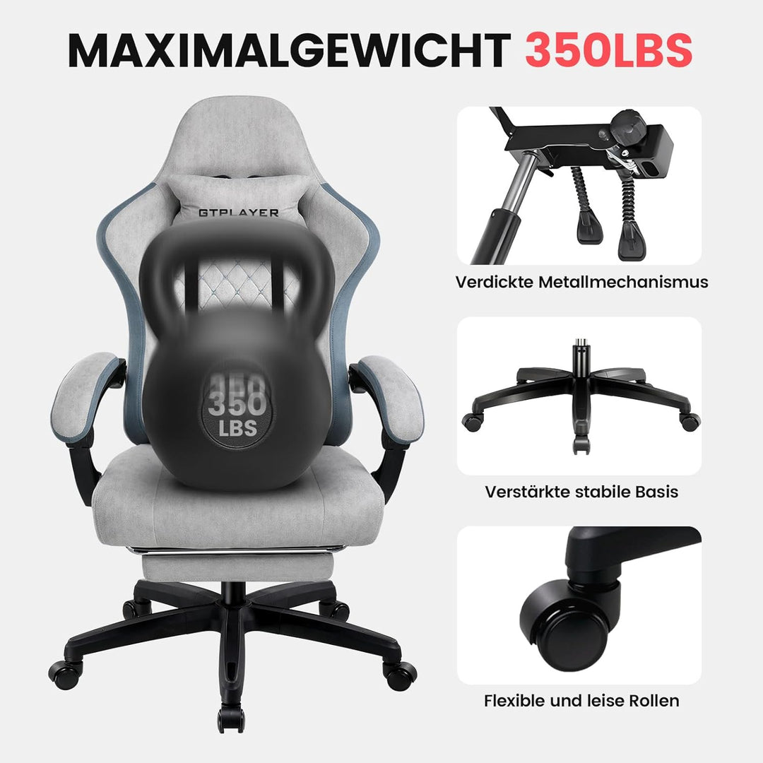 GTPLAYER Gaming Stuhl Stoff, Gaming Sessel mit Taschenfederkissen, ergonomischer Drehstuhl, Gamer St
