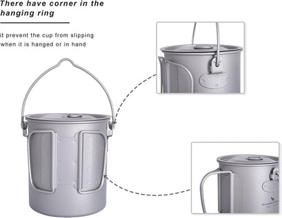 iBasingo Titan Topf Camping Becher 750ml/900ml/1100ml/1250ml Hängetopf Leichtes Kochgeschirr Tragbar