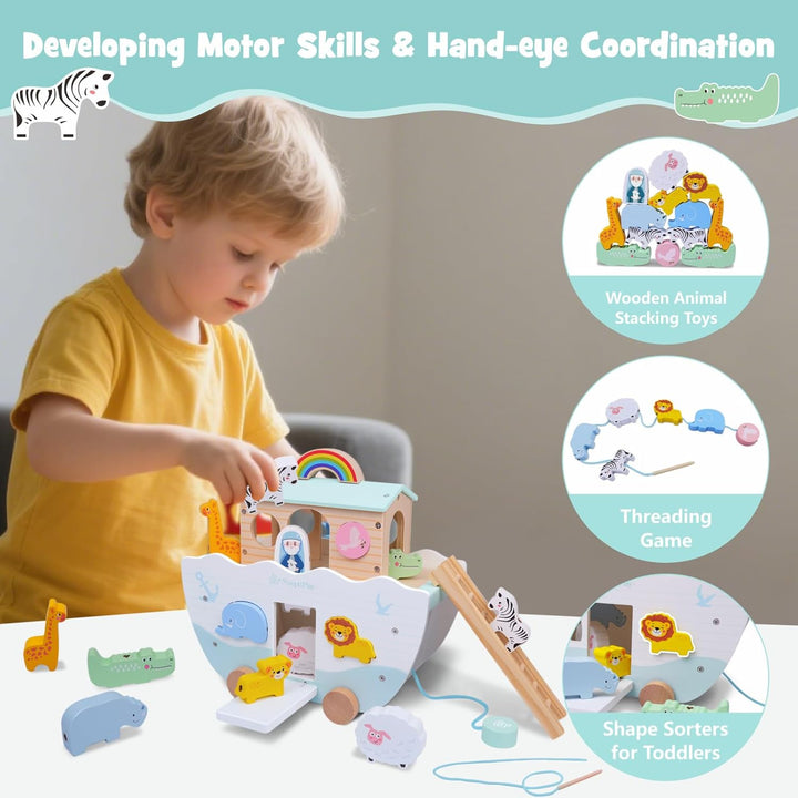 SIMPLIPLAY Holzspielzeug Arche Noah – Montessori STEM Lernspielzeug für Kleinkinder mit Geschichtenb
