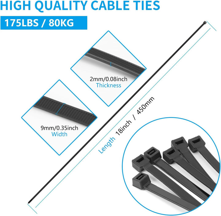 Armpow 50 Stück robuste Nylon-Kabelbinder, 9 x 450 mm, 80 kg, Schwarz/Weiss, langlebig, UV-beständig