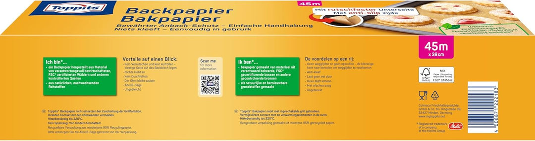 Toppits Backpapier - 1 x 45 m Rolle, Antihaft, mit Abreiss-Säge, Rutschfest, FSC zertifiziert, Ideal