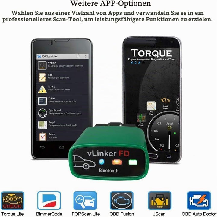 Vgate OBDII Bluetooth, vLinker FD OBD2 diagnosegerät OBD Adapter für Android und Windows (Bluetooth