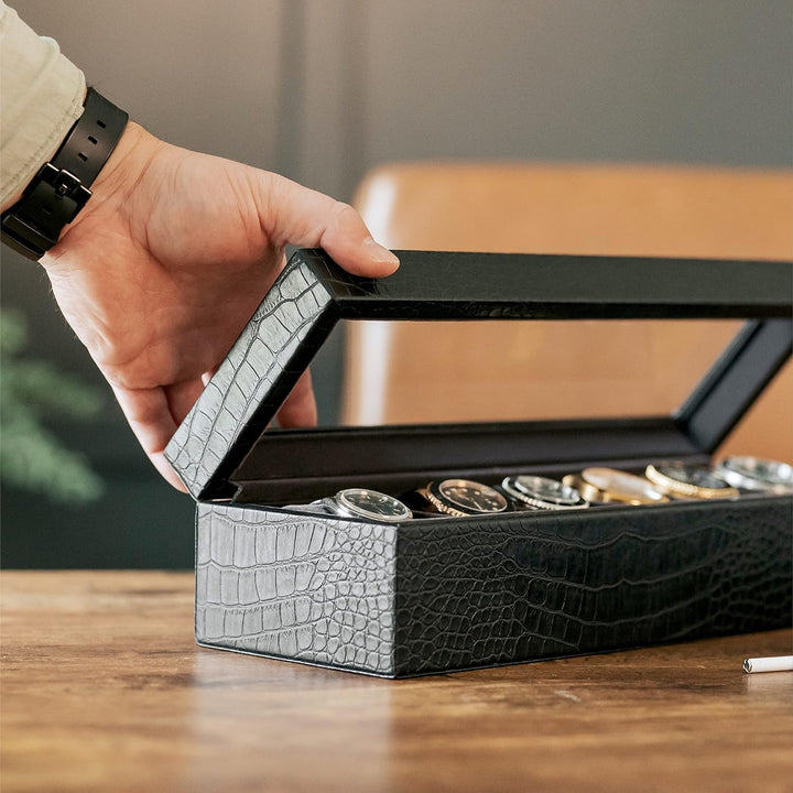 CASE ELEGANCE Uhrenschatulle in Elegantem, Schwarzem, Kunst-Krokodilleder mit Echtem Glas Gator, Gat