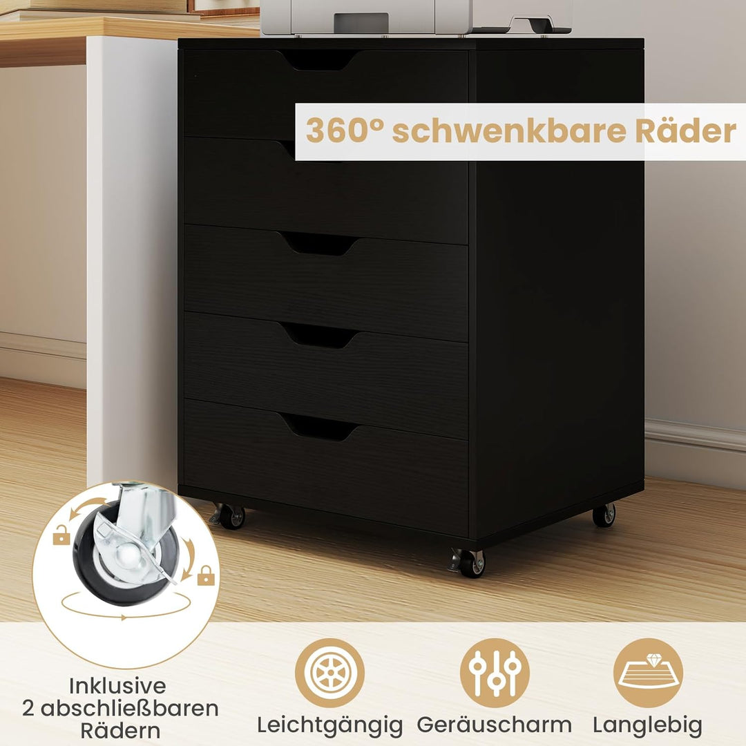 GOPLUS Schubladenschrank mit Rollen, Rollcontainer mit 5 Schubladen, Griffmulden, mobiler Bürocontai