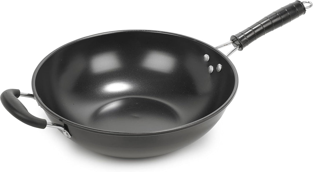 Homiu Wok Traditionelles Design mit 2 Griffen, antihaftbeschichtet, grosse Pfanne, Bakelit-Griff, Ka