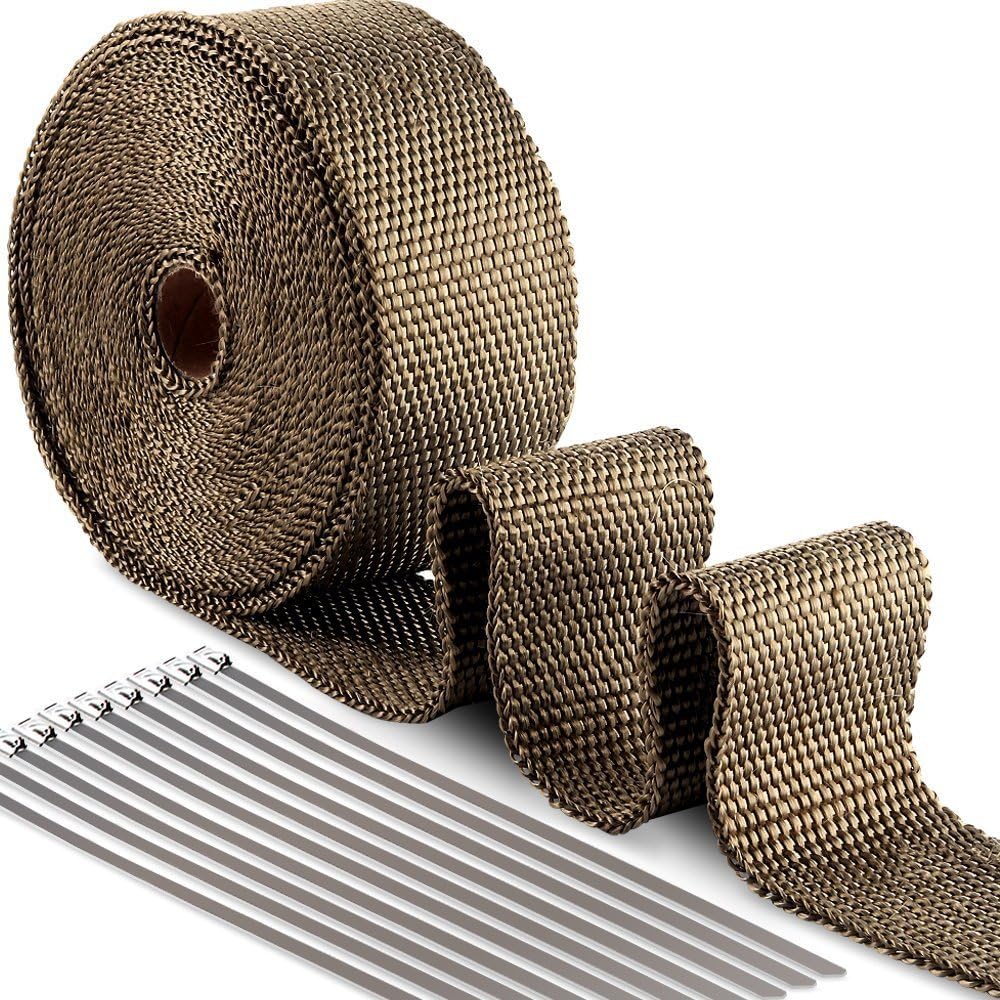 Ilauke Auspuffband Titan Hitzeschutzband 10M x 5CM- Basaltfaser Hitzeisolierband+ 10 Edelstahl-Kabel