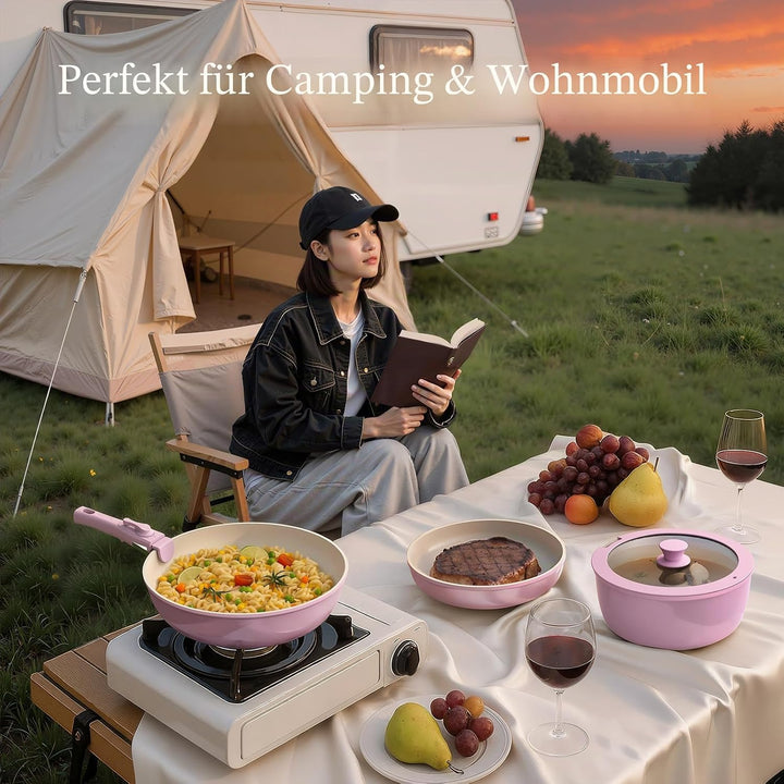 Töpfe und Pfannen Set Non-Stick, Keramik Kochgeschirr Set Abnehmbare/abnehmbare Griffe, RV Camping K