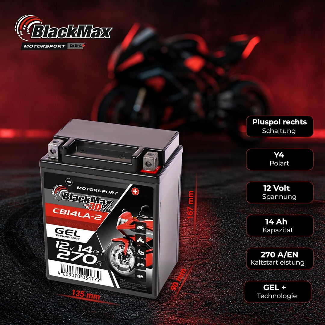 BlackMax YB14L-A2 GEL Motorradbatterie 12V 14Ah Batterie 51411 12N14-3A FB14L-A2 14Ah - 230A - YB14L