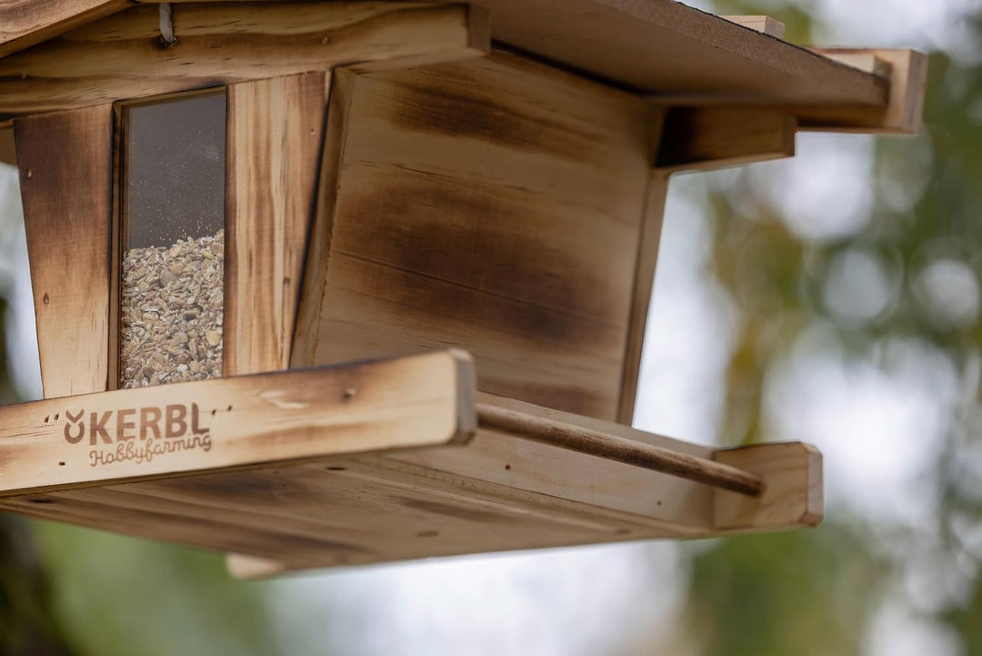 Kerbl Hobbyfarming Vogelfutterhaus, Aus Holz, Mit Glassichtfenster, Wetterfestem Dach, Robuste Korde