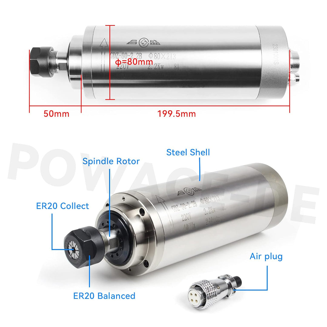 RATTMMOTOR 2.2kW 220V Wassergekühlter Spindelmotor mit 14 Stück ER20 Spannzangen und VFD Frequenzumr
