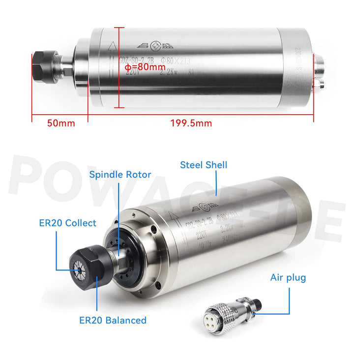 RATTMMOTOR 2.2kW 220V Wassergekühlter Spindelmotor mit 14 Stück ER20 Spannzangen und VFD Frequenzumr
