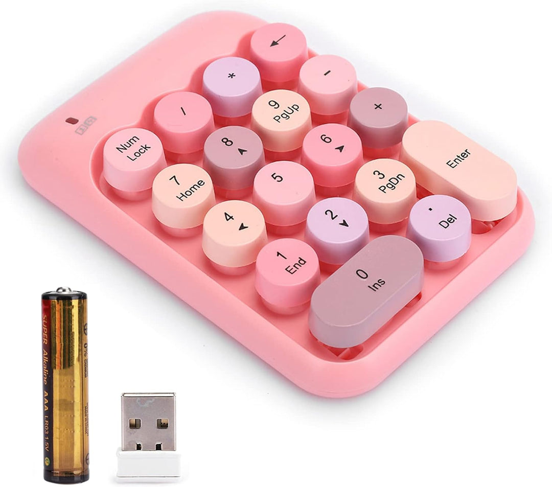 Dpofirs X910 Wireless Ziffernblock mit 18 Runden Tasten, Rosa wasserdichte USB-Ziffernblock Im Retro