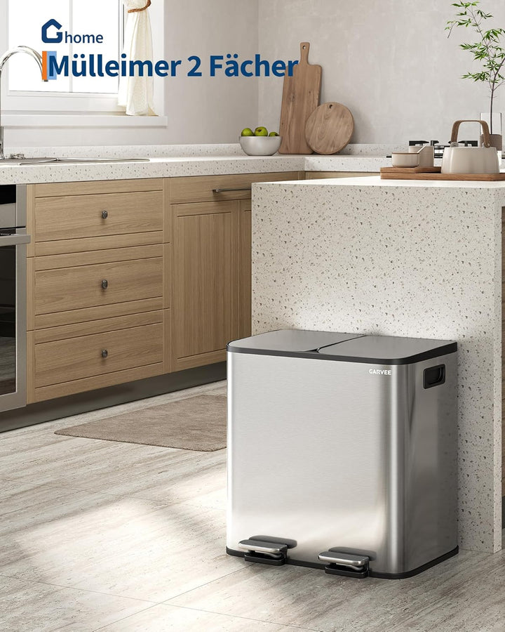 GarveeHome Mülleimer Küche, 2 x 15 L, Mülltrennsystem 2 Fächer, Edelstahl-Tretmülleimer mit Seitlich