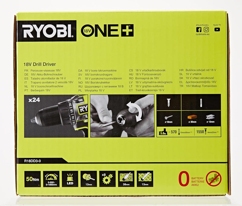 RYOBI 18V ONE+ Akku-Bohrschrauber R18DD3-0 (50Nm Drehmoment, 2-Gang, 13mm Schnellspannbohrfutter, LE