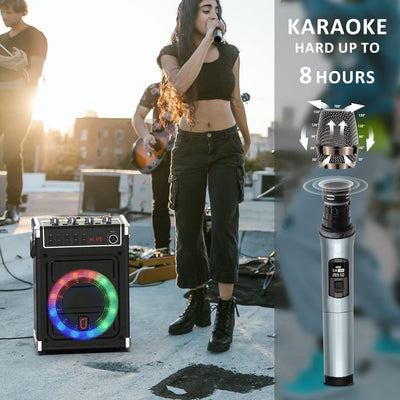 JYX Karaoke-Maschine mit 2 UHF-Funkmikrofonen, Bluetooth-Lautsprecher mit Bass-/Höhen-Einstellung un