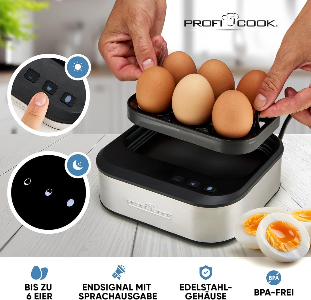 ProfiCook® sprechender Eierkocher | kocht alle drei Stufen | weich/mittel/hart | Eierkocher 6 Eier |