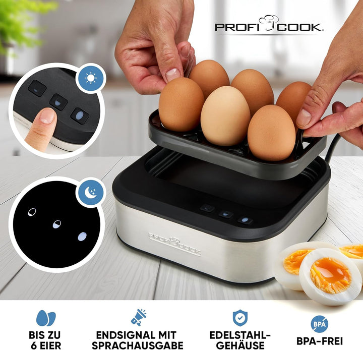 ProfiCook® sprechender Eierkocher | kocht alle drei Stufen | weich/mittel/hart | Eierkocher 6 Eier |
