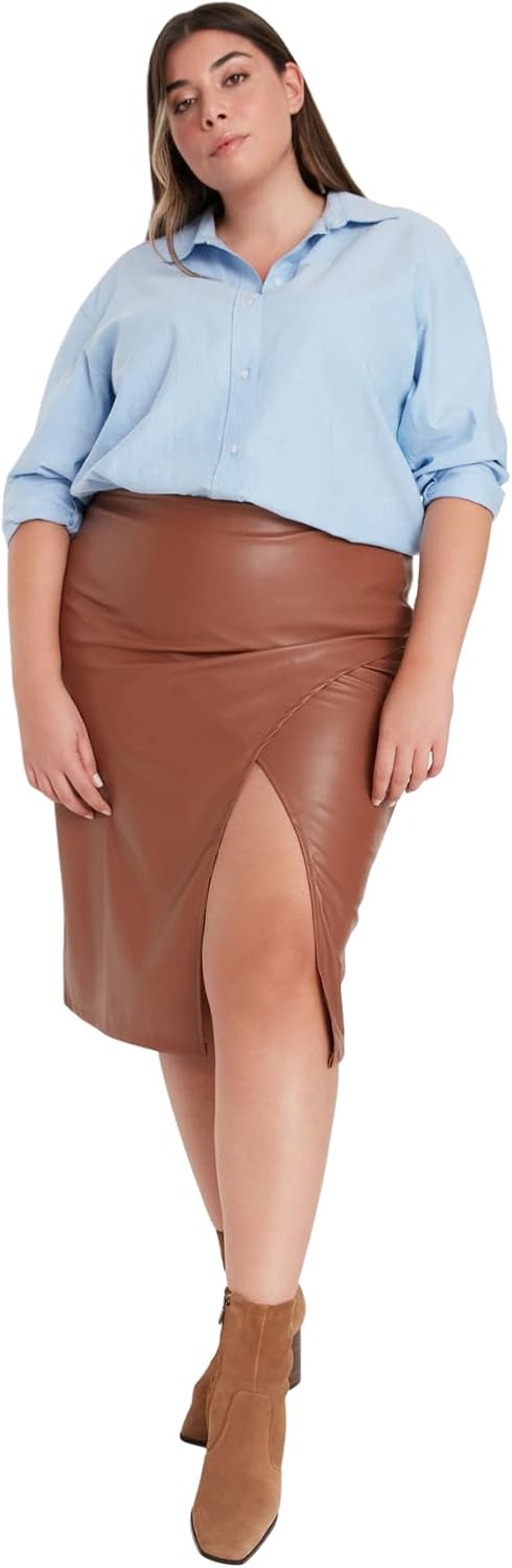 TRENDYOL Damen Midi Bleistiftrock Webstoff Grössen in Rock Skirt 44 Grosse Grössen Braun, 44 Grosse