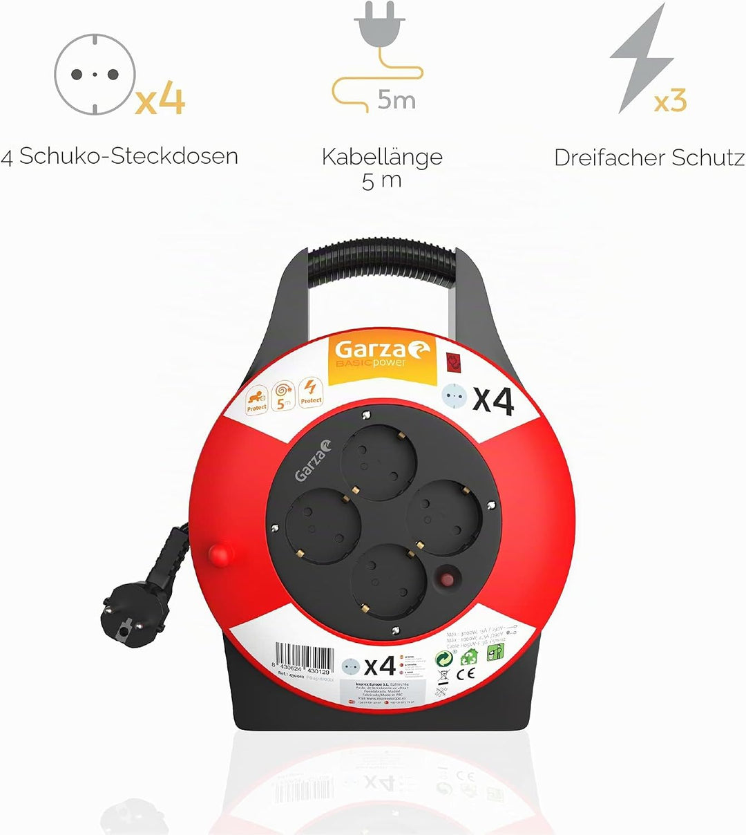Garza - 5 Meter Kabeltrommel mit Handgriff, 4 Schuko-Steckdosen, schwarz und rot, 5 m Rot/Schwarz