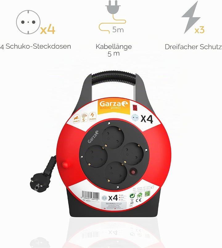 Garza - 5 Meter Kabeltrommel mit Handgriff, 4 Schuko-Steckdosen, schwarz und rot, 5 m Rot/Schwarz