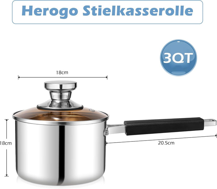Herogo Stainless Stielkasserolle 18cm, Dreifach-Edelstahl- Milchtopf mit Glasdeckel, kleiner Kochtop