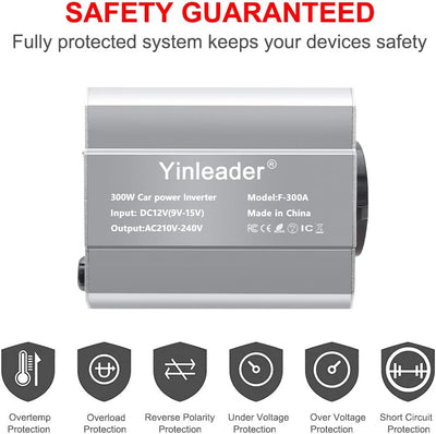 Yinleader Wechselrichter 300W DC 12V auf 230V AC KFZ-Spannungswandler 1 Euro-Steckdosen und 2 USB mi