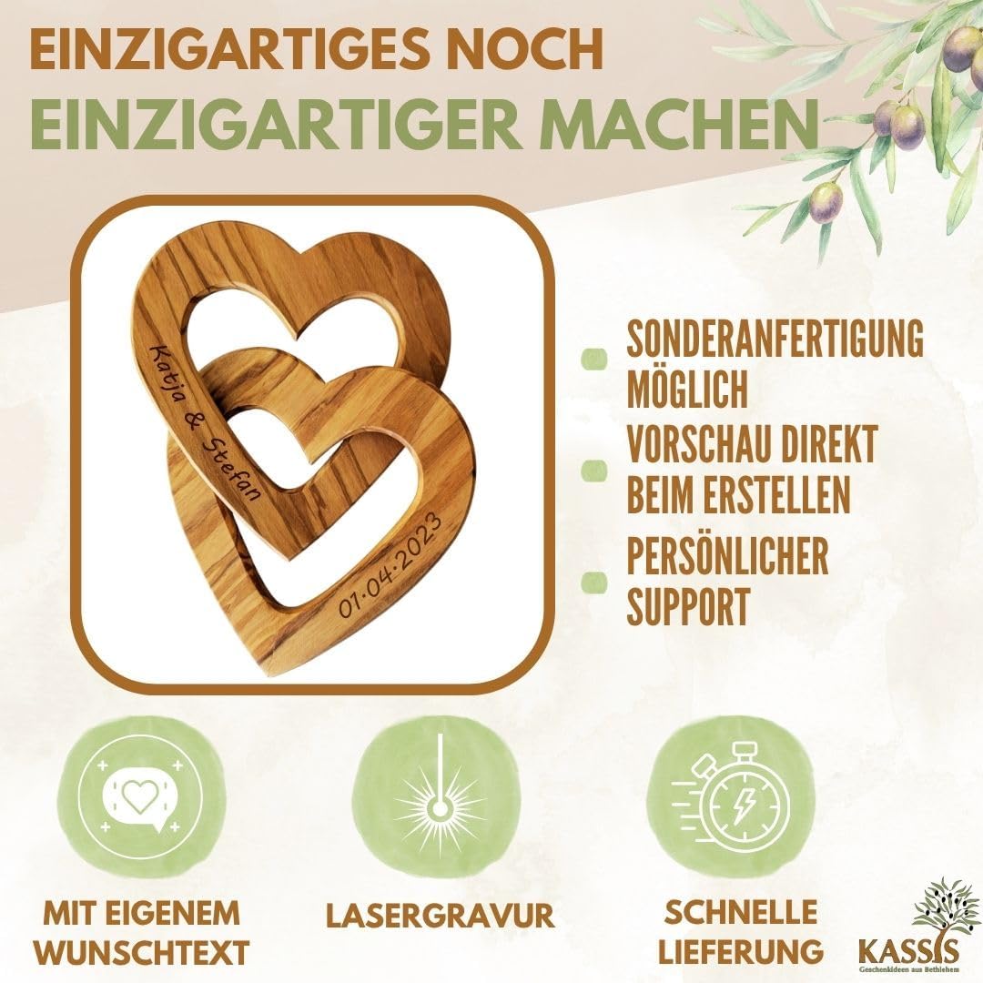 Kassis Geschenkartikel Personalisierte Olivenholz-Herzen für Brautpaar, zum Valentinstag, Jubiläum,