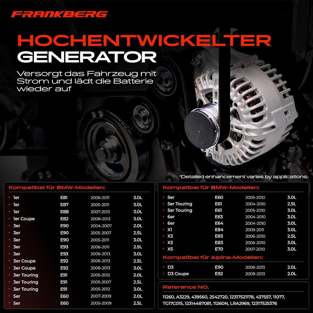 Frankberg Lichtmaschine Generator 180A Kompatibel mit 1er E81 130i 2006-2011 3er E90 318d 320d 323i