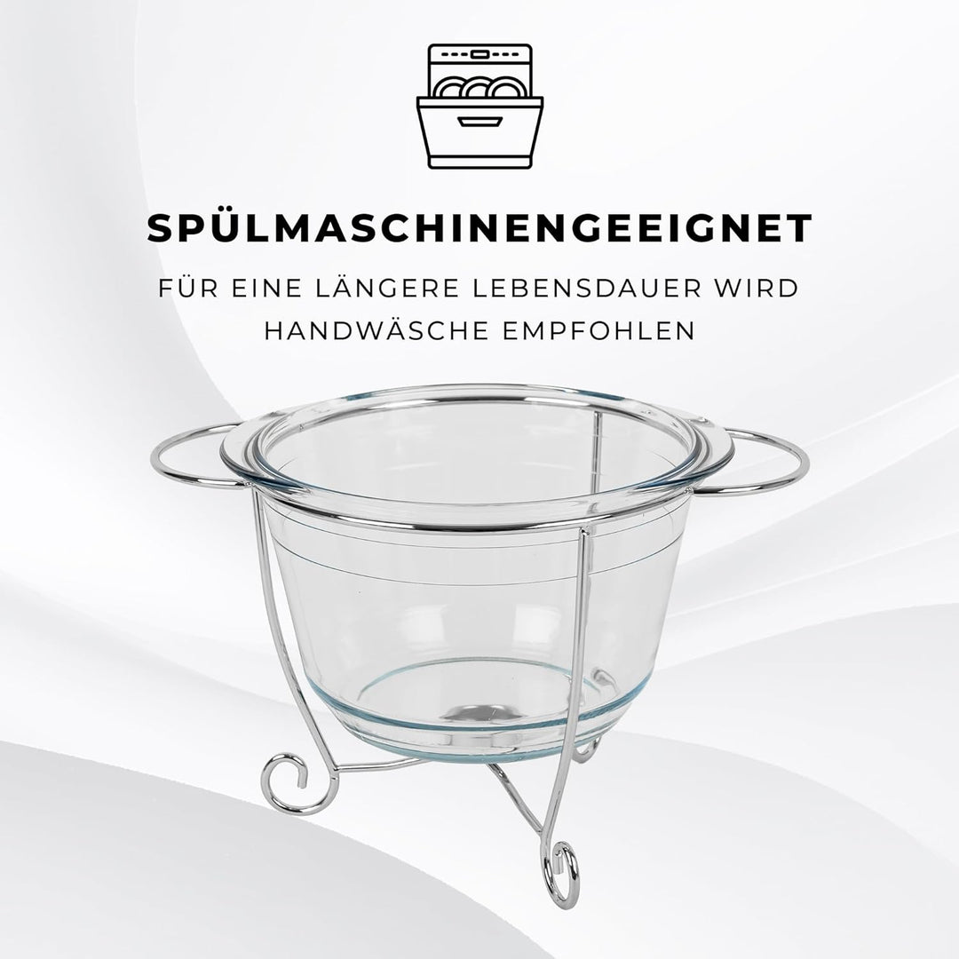 Wärmebehälter für Speisen mit Glaseinsatz - 3.9L - Teelicht Warmhalteplatte - Edelstahl Gestell und