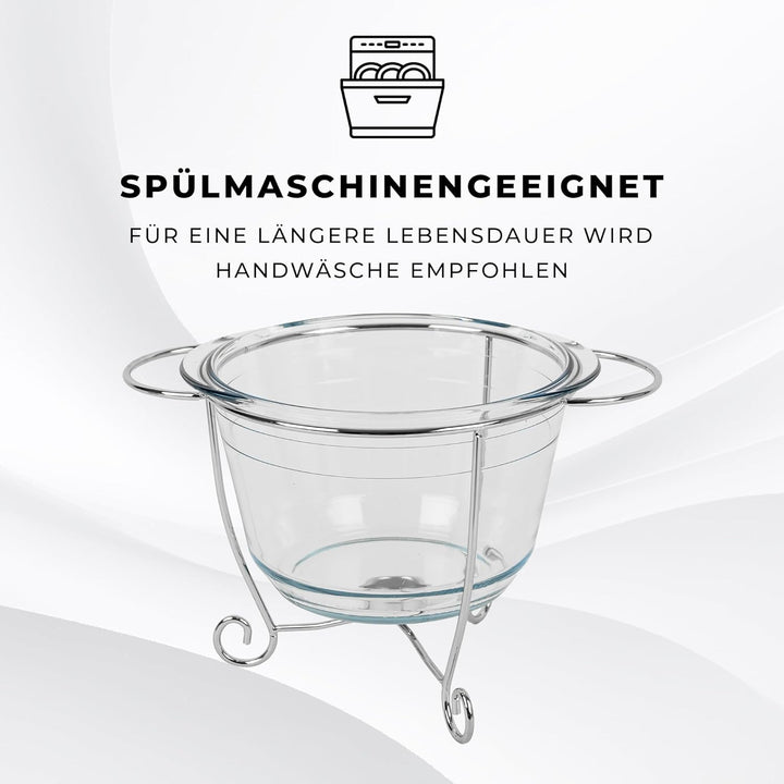 Wärmebehälter für Speisen mit Glaseinsatz - 3.9L - Teelicht Warmhalteplatte - Edelstahl Gestell und