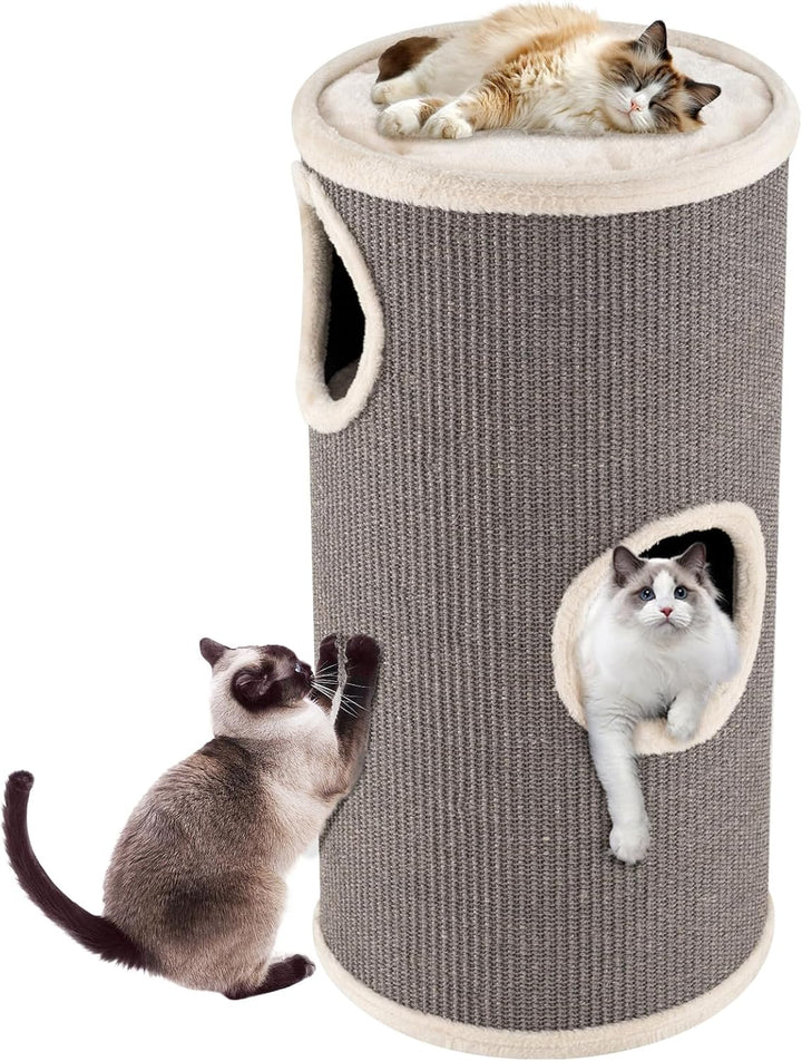 COSTWAY Kratztonne, Ø 36 cm, 70 cm hoch, Katzentonne mit Sisal-Kratzbrett, 3 Katzenhöhlen, Plüschbet
