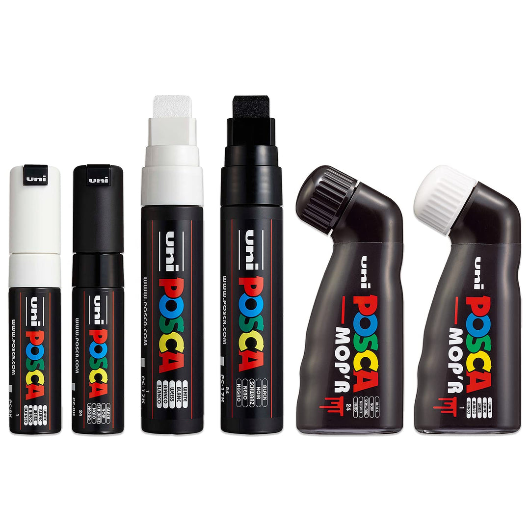 POSCA - Lackstift mit breiter Spitze, Mop'R, PC-17K, PC-8K, Schwarz und Weiss, 6 Stück