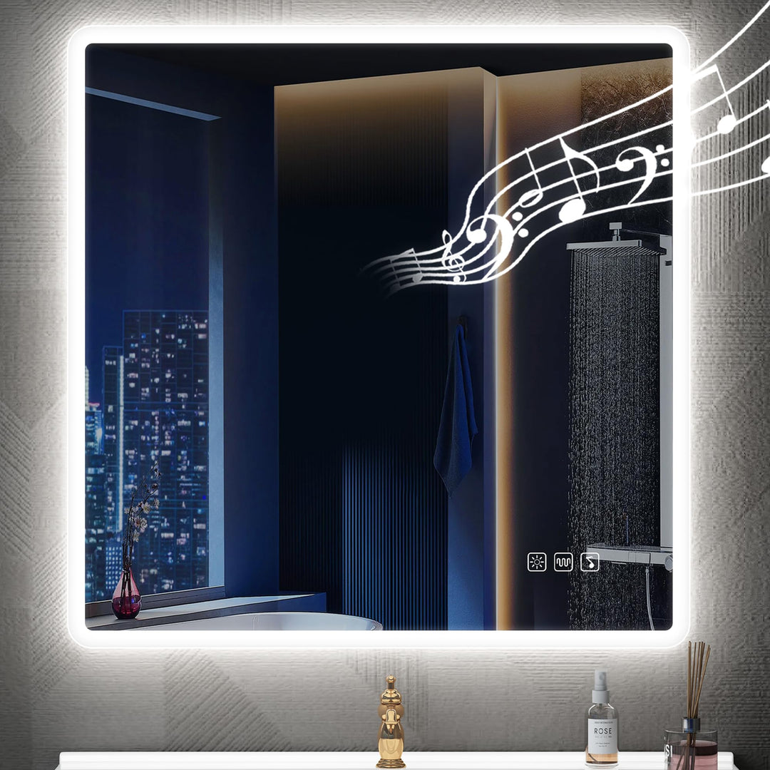 STARLEAD Badspiegel-mit-Beleuchtung 80x80 cm, LED-Bad-Spiegel-mit Bluetooth, Entfoggen, IP44 Badezim