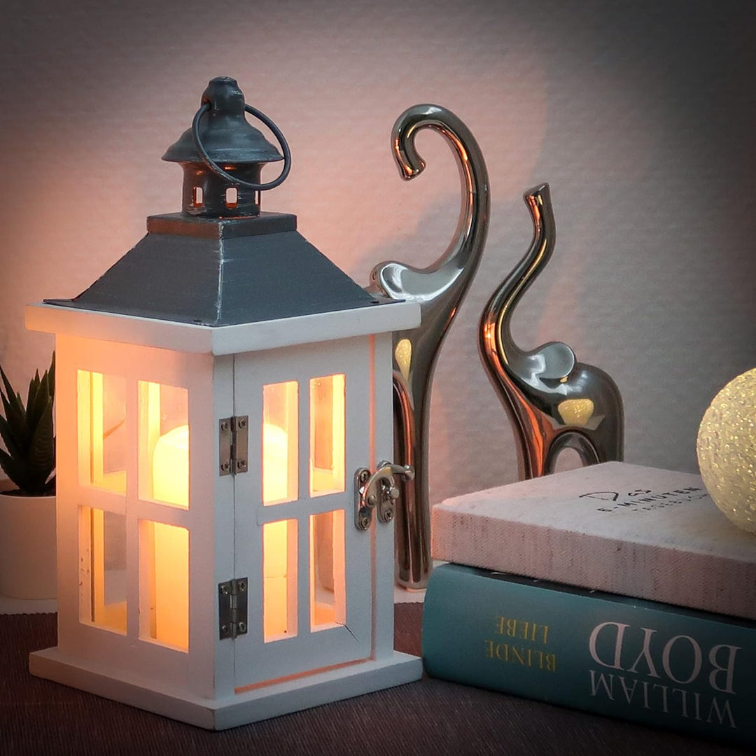 Dekovita 27cm Holz-Laterne Weiss - Gartenlaterne mit Glas-Scheiben Henkel - Windlicht Deko-Laterne N