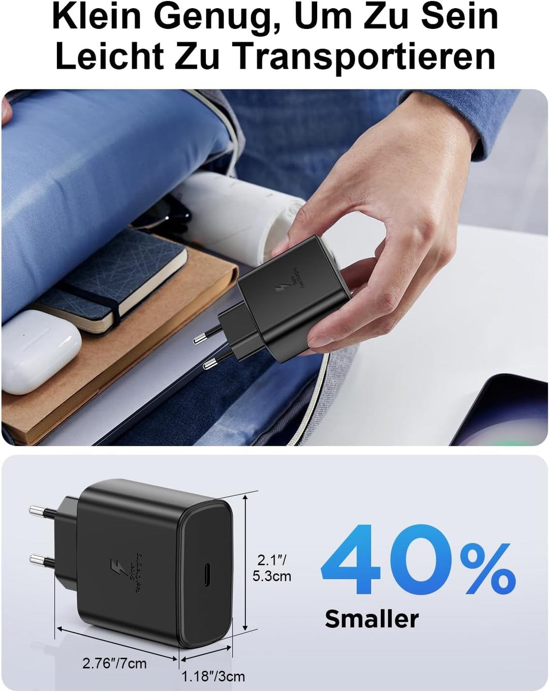 45W USB C Ladegerät für Samsung, 2Pack Handy Schnellladegerät mit 2M Ladekabel, Typ C Schnellladeger
