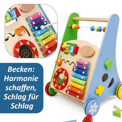 COIL 3-in-1 Holzpuppenwagen Lernspielzeug Musikwagen Laufhilfe Labyrinth Abakus Becken Trommel Forme