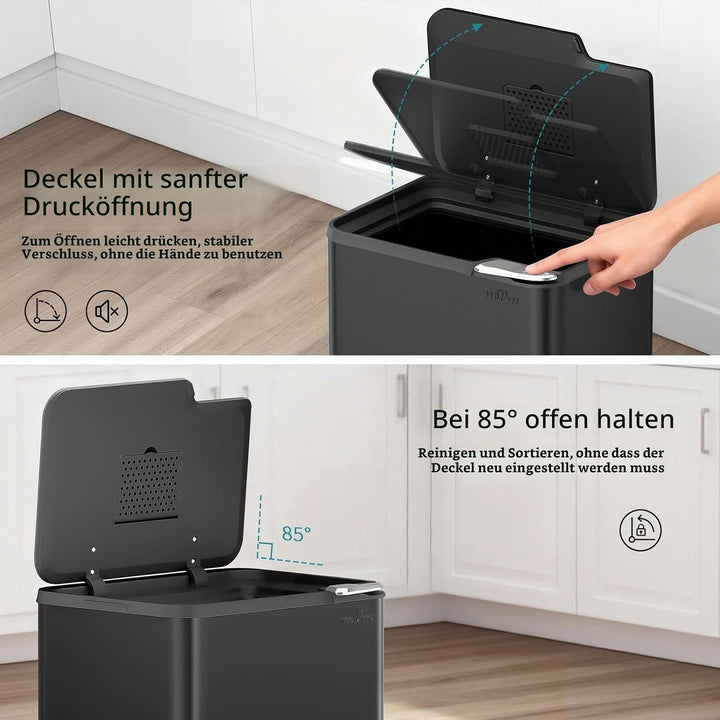 mVm Küchen &amp; Büromülleimer 60L, Edelstahl, Rechteckig, Mit Deckel &amp; Geruchsfilter, Sanftschliessend