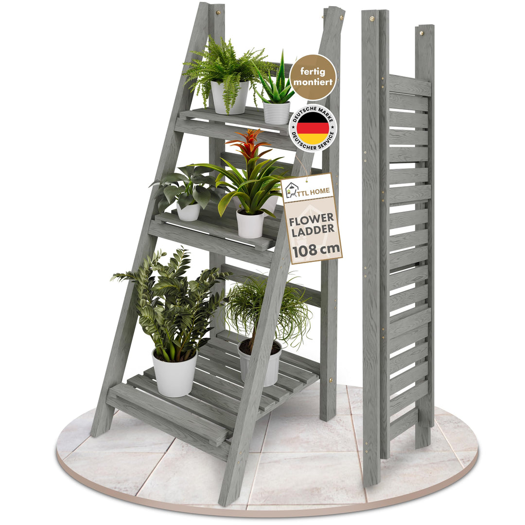 Blumenleiter Flower Ladder M 108x41x40cm hellgrau - 3-Ebenen Natur Holz Leiterregal Blumentreppe Blu