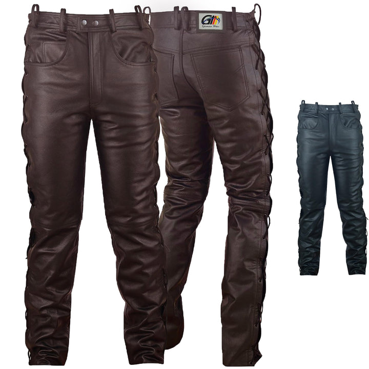 German Wear Lederhose lederjeans bikerjeans Büffelleder seitlich geschnürt Schwarz S Braun, S Braun
