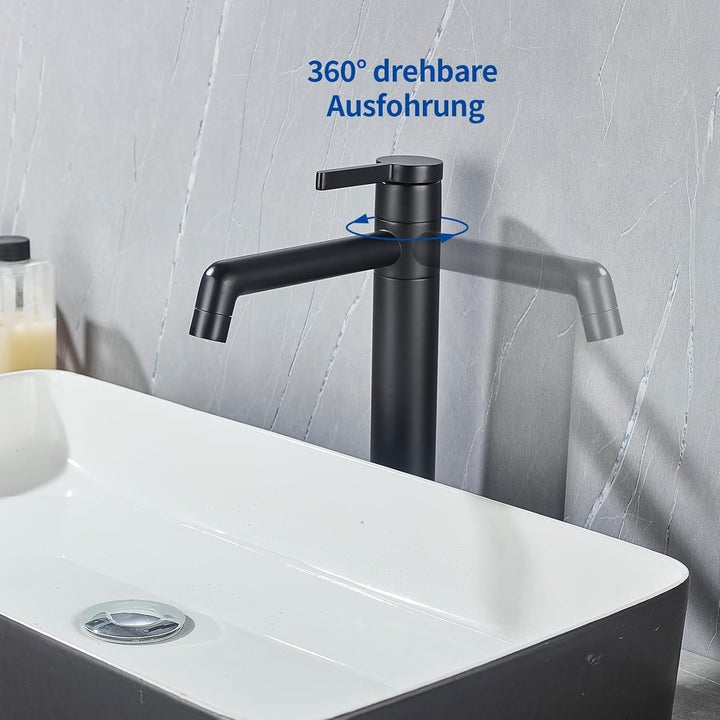 Wasserhahn Bad LakeBayMZC Hoch Schwarz mit Auslaufhöhe 203 mm, Messing Armatur Badezimmer mit 360° d