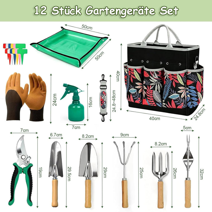Gartenwerkzeug Set 12 teilig Edelstahl – Robustes Gartengeräte Set mit ergonomischen Griffen, Garten