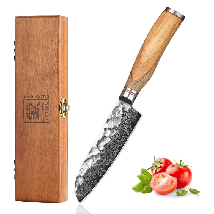 zayiko Olive Damastmesser kleines Santoku 12cm Klinge extrem scharf aus 67 Lagen I Damast Küchenmess