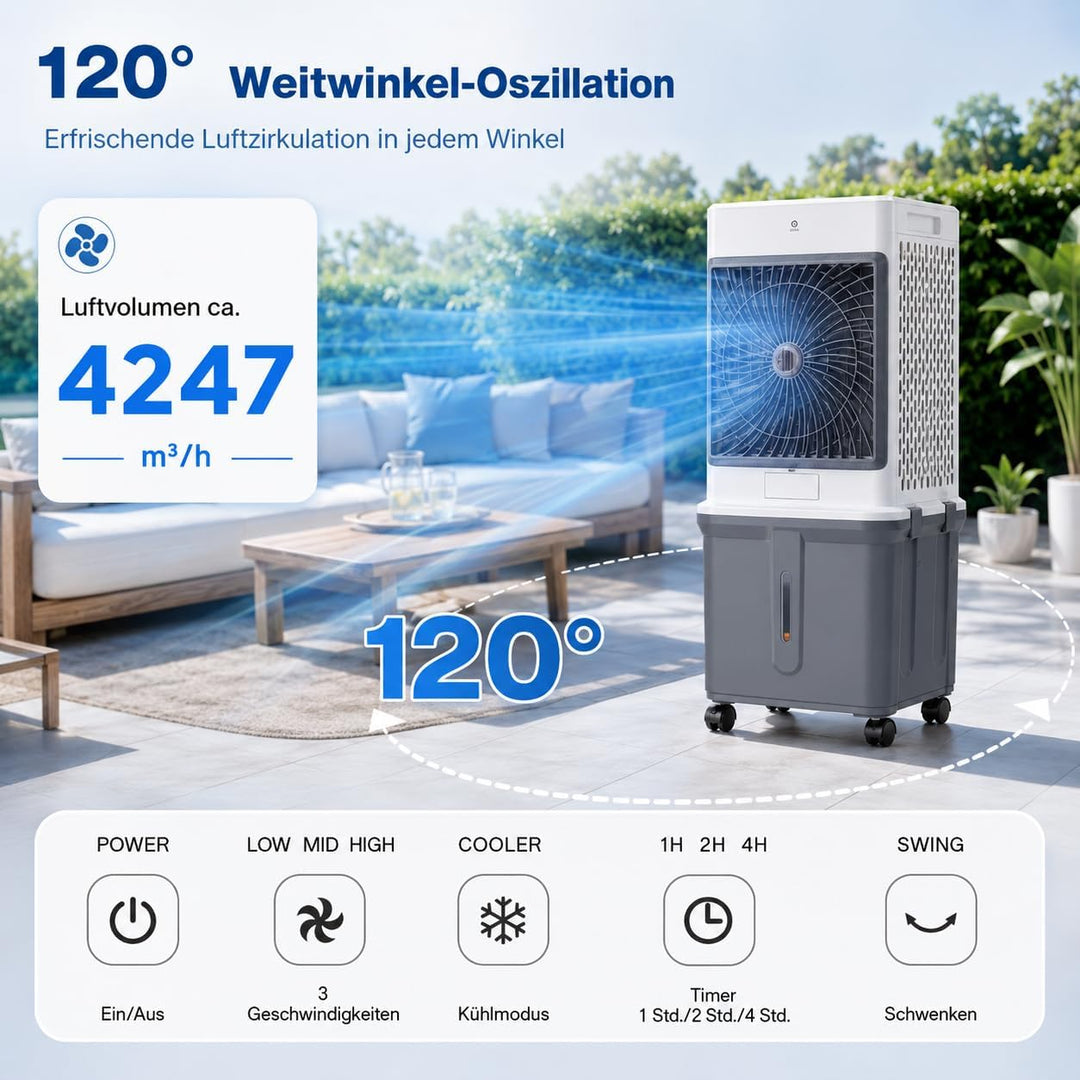 Verdunstungskühler mit Gross 35L Wassertank Fernbedienung, Timer, H 85cm